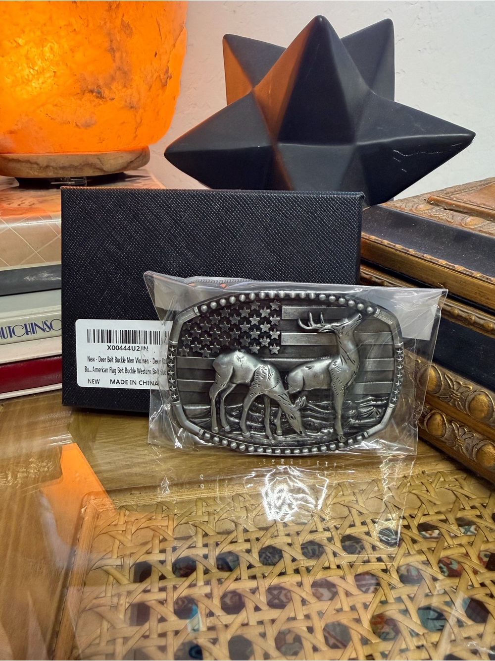 Deer Family American Flag Western Belt Buckle Silver Tone New in Box